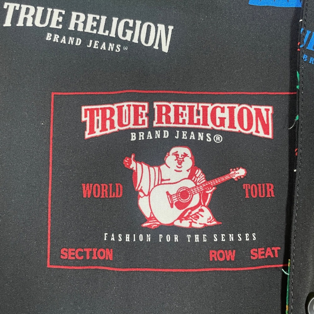 True Religion Resort Shirt Mens Large Black NWT SS Camp Collar Graphic Buddha - Picture 11 of 16